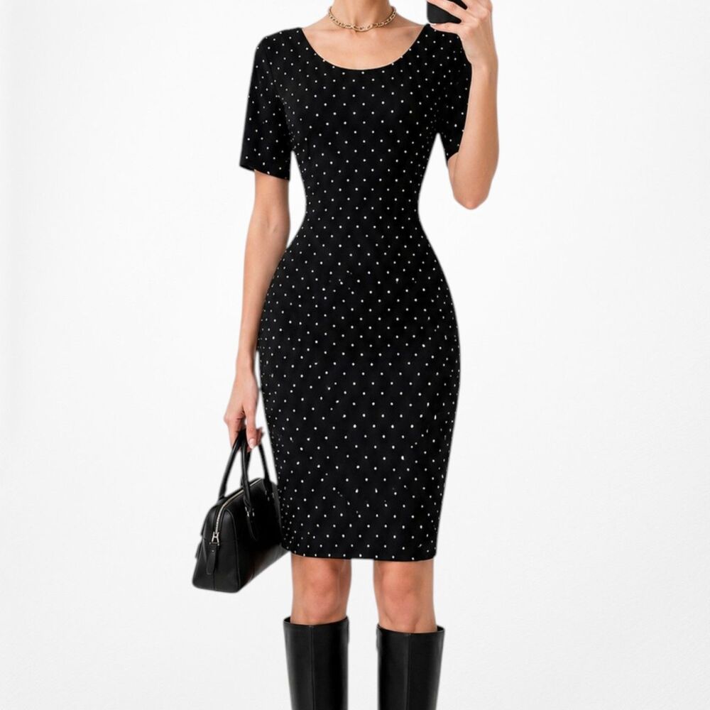 Vintage Y2K Black Polka Dot Short Sleeve Knee Length Bodycon Knit Dress Size M